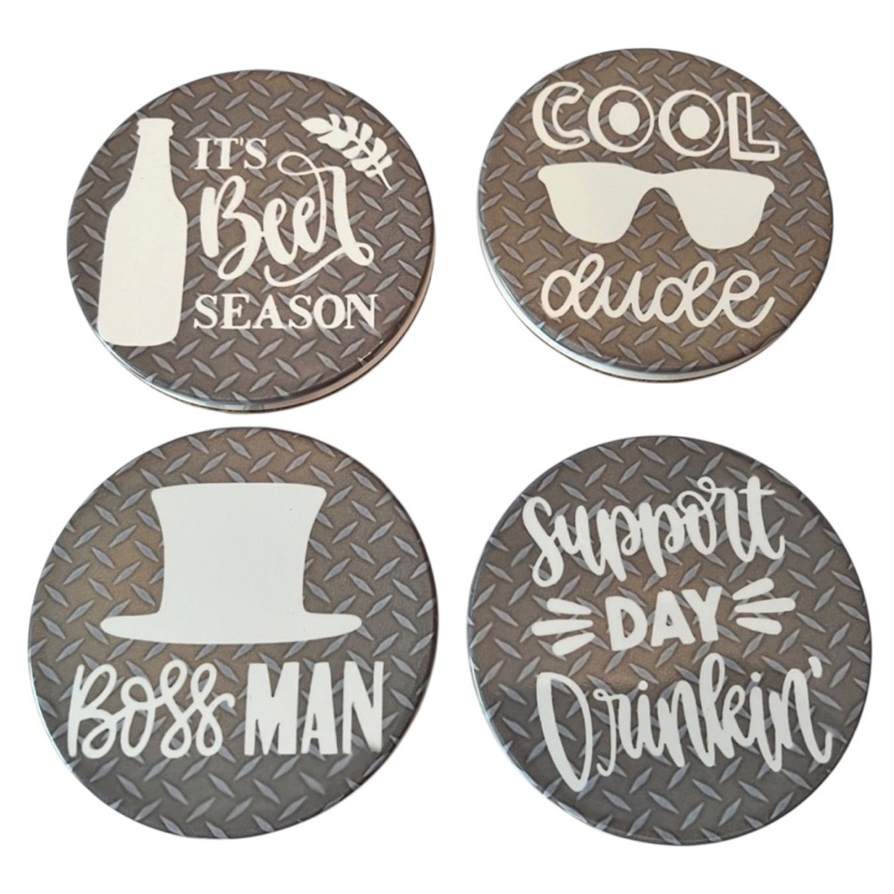 Set of 4 ceramic coasters with cork backing.